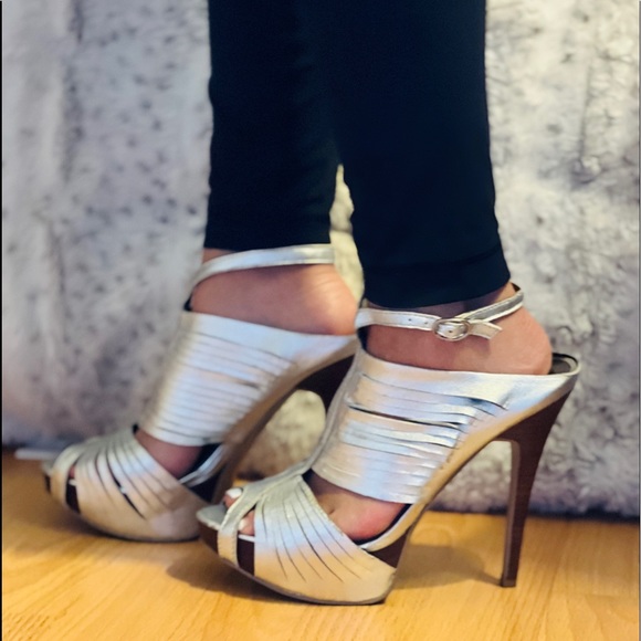 Silver Metallic Hollow Out Gladiator Sandals Stiletto Heel Shoes - Picture 4 of 12